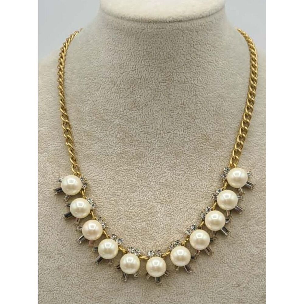 J Crew Faux Pearl Clear Crystal Gold Tone Necklace